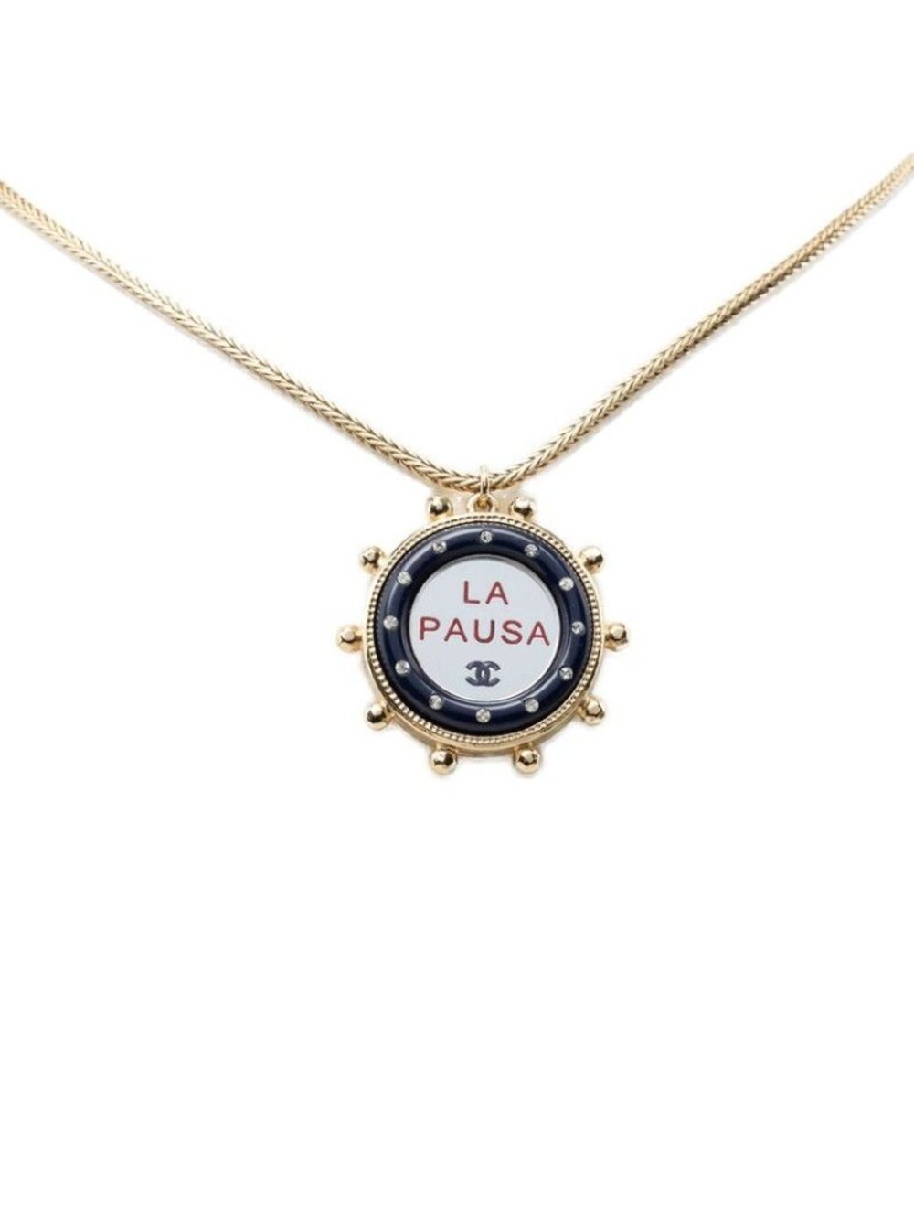 Chanel CC Logo la Pausa Mirror Pendant Gold Navy Plated Rhinestone